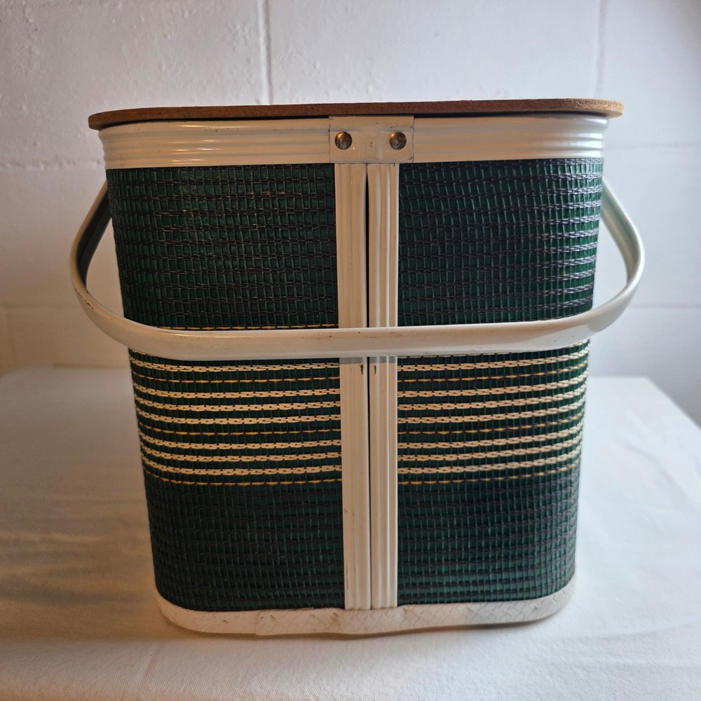 Vintage Redmon Woven Vinyl Picnic Basket Green Striped Retro MCM - Picture 12 of 15